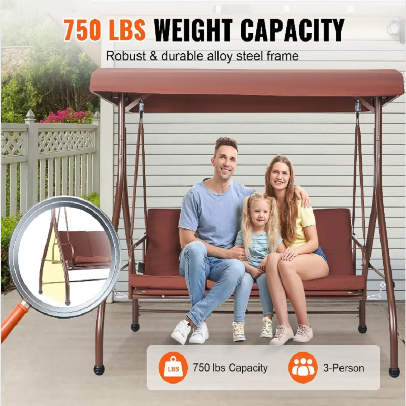 3-Seat Patio Swing Chair, Converting Canopy Swing, Outdoor Patio Porch with Adjustable Canopy, Removable Thick Cushion and