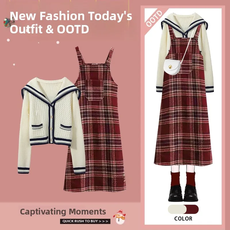 

Naval Collar Knitted Open Cardigan Sweater And Plaid Skirt Set for Autumn New Year Slimming Vintage Style Women's Fashion