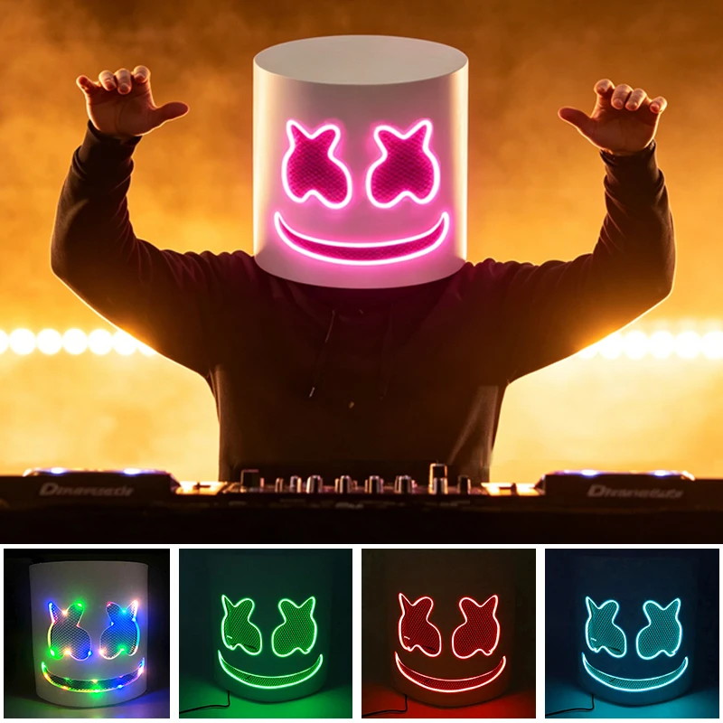 Светящаяся маска DJ Marshmello с EL-проводом, светодиодная маска для головы, светящаяся маска на все лицо для рейвов, EDM-фестивалей, Хэллоуина, косплея и реквизита.