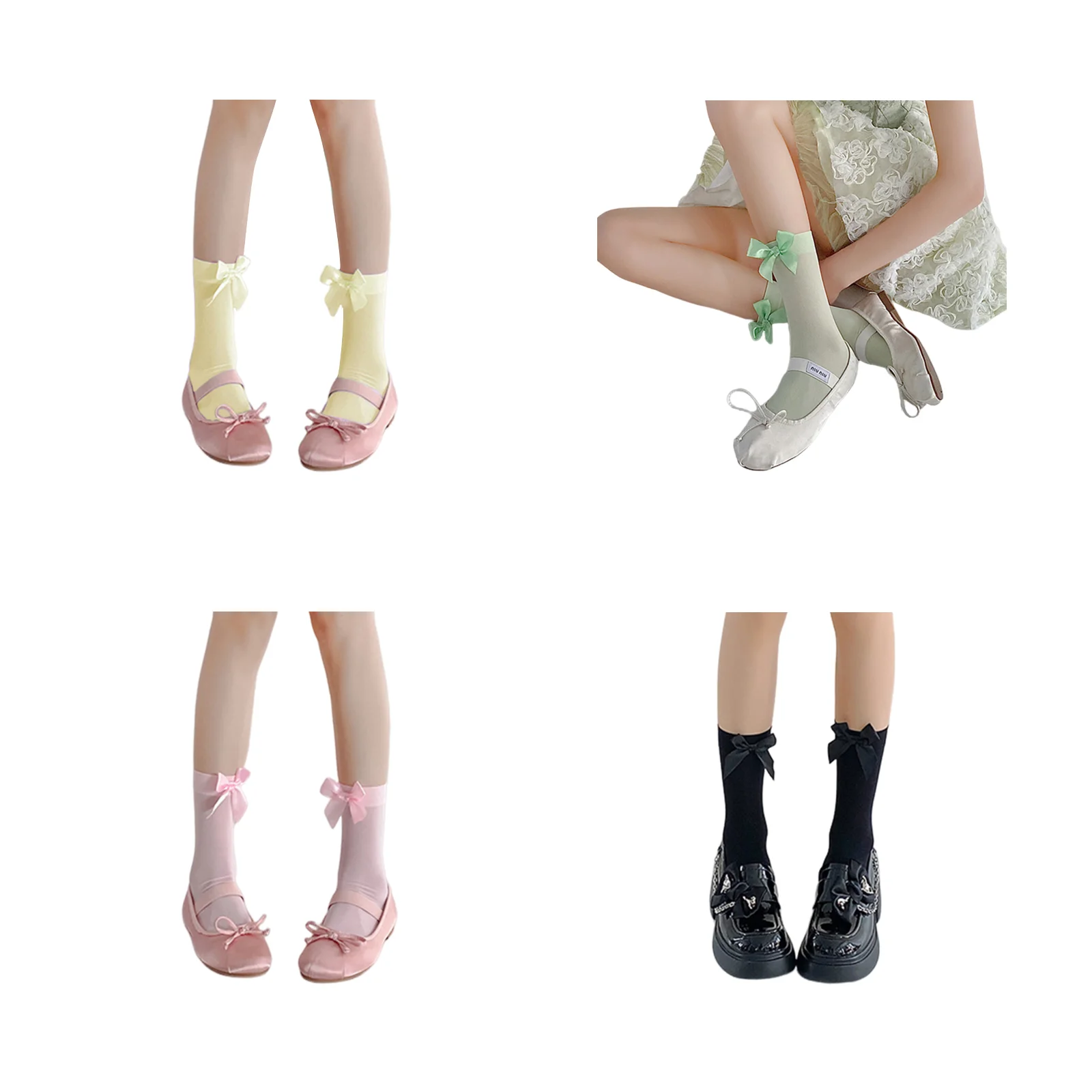 

Набор носков в стиле лолита с бантиками, четыре цвета (по одному паре каждого цвета: желтый/зеленый/розовый/черный)