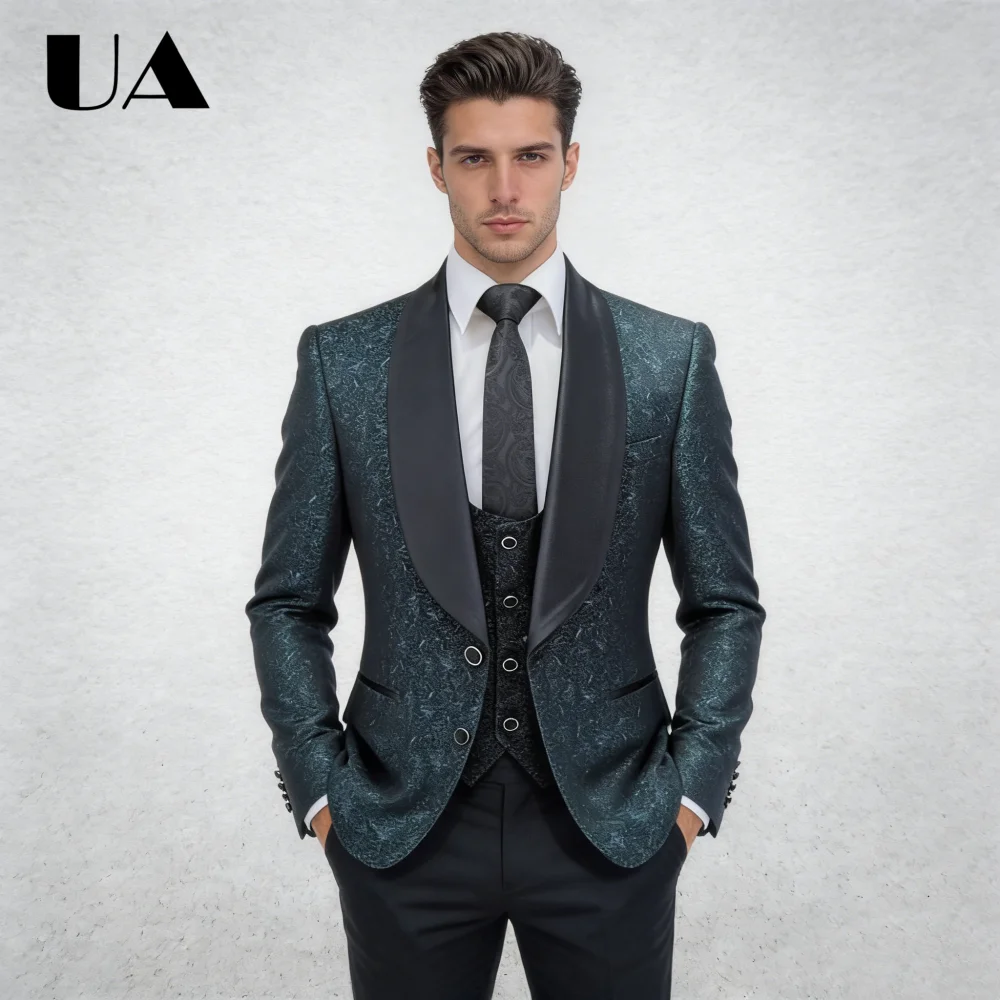 

ULBYANRY Mens Teal Jacquard Suit Set, Luxury 3-Piece Formal Suit Tuxedo Jacket Vest Pants Set Glamorous Outfit