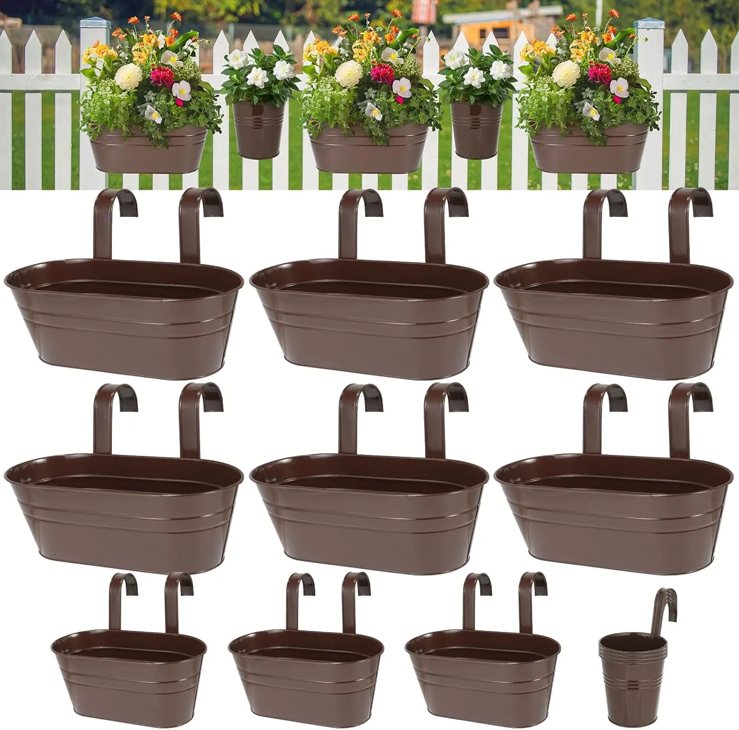 

3 Different Size Metal Iron Hanging Flower Pots 13 Pcs for Outdoor Plants Metal Hanging Bucket Pots Iron Railing Fence Planter w