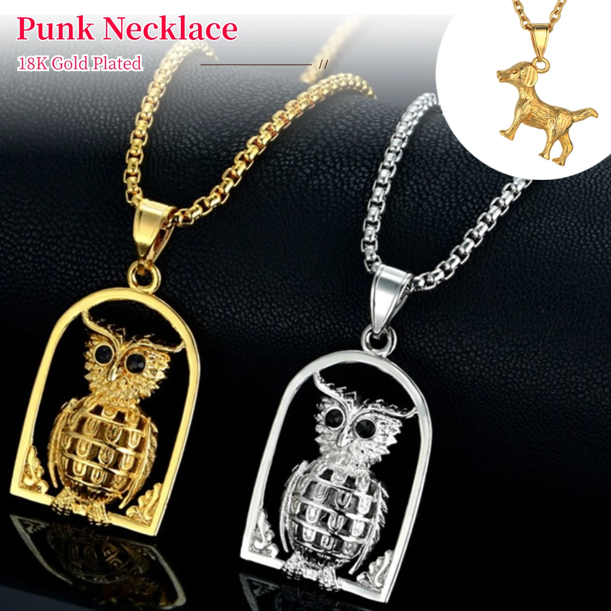 

Punk Fashion Men Gold Silver Plated Animal Dog Owl Pendant With Chain Hip Hop Necklace for Women