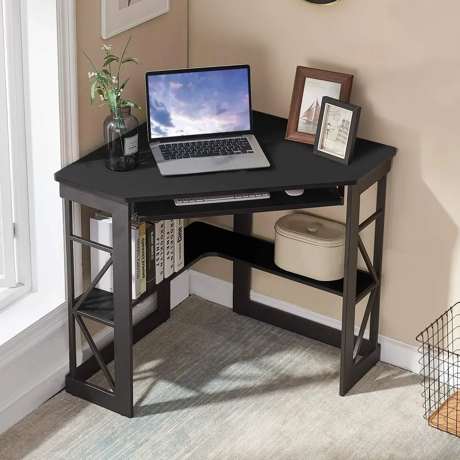 Corner Desk Computer Desk Writing Table with Smooth Keyboard Tray & Storage Shelves,Compact Home Office Triangle Table,Black