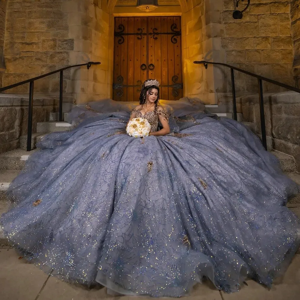 Sparkly Charro Quinceanera Dresses Ball Gown Off The Shoulder Appliques Beaded Mexican Sweet 16 Dresses 15 Anos Customized