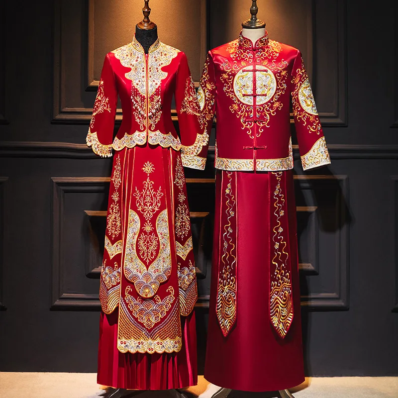 

Xiuhe Retro Chinese Wedding Dress Embroidery Traditional Cheongsam Vintage Red Formal Qipao Women Man Oriental Style Tang Suit