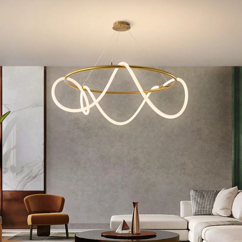 Nordic Simple Chandelier 360 Degree Golden Pendant Lamp Art Acrylic Flexible Tube LED Light Flexible Neon Light for Restaurant