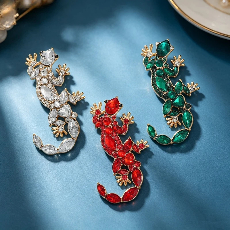 Fashion Vintage Rhinestone Gecko Brooch Multicolor Crystal Lizard Animal Metal Badge Casual Jewelry Gift Pin DIY Clothing Bags