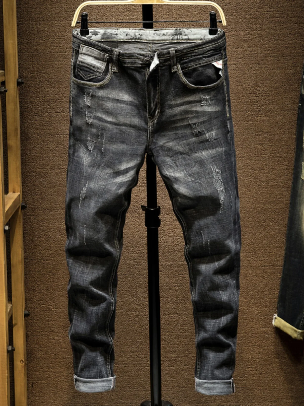 

Slim Fit Straight Leg Men's Jeans ey Bla Korean Sle Casual Wear Resistant Cotton Stretch Denim mid Waist Zipper Closure