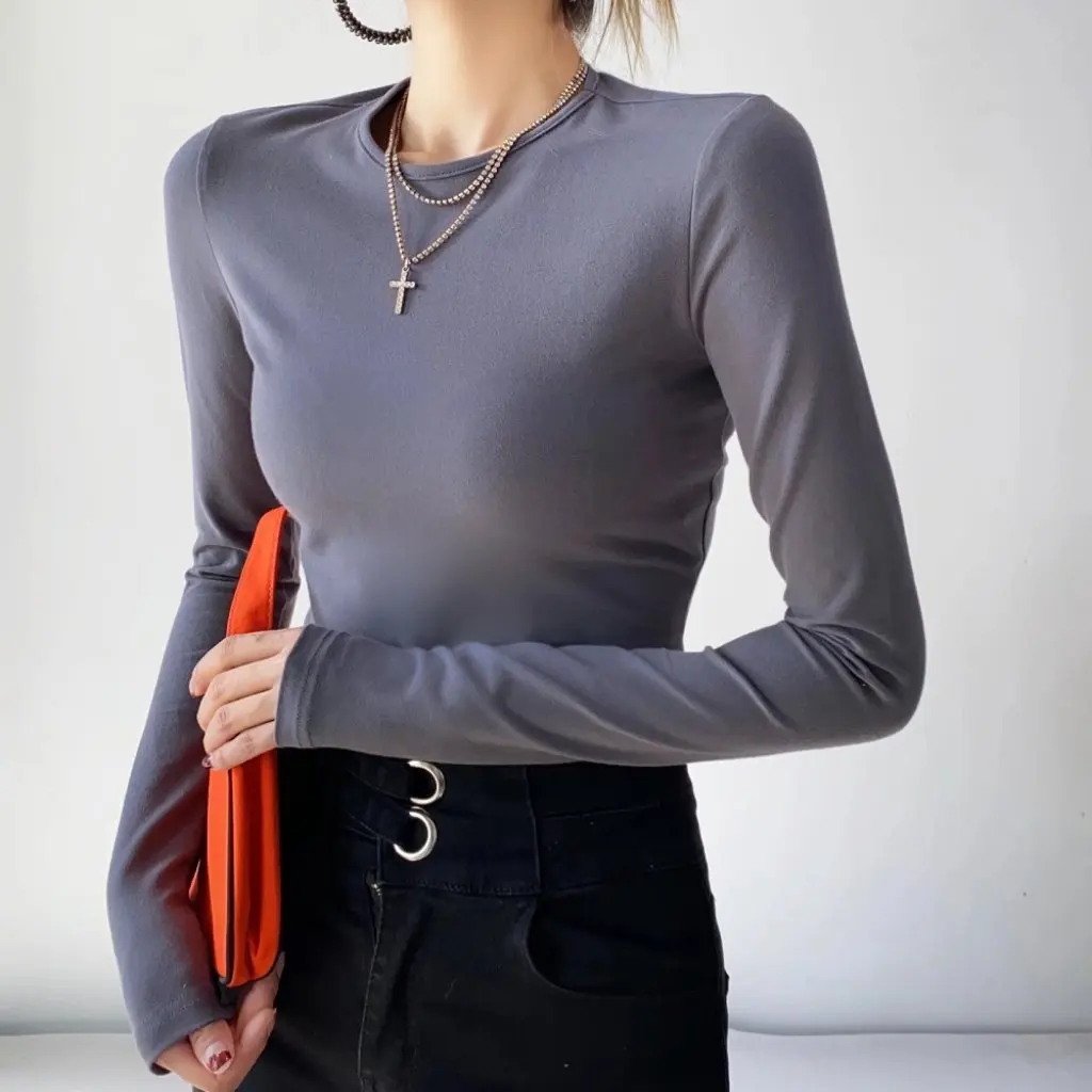 

YPFF Women's Slim-fit Long-sleeved T-shirt round Neck Pullover Elegant Solid Color Base Shirt for Spring