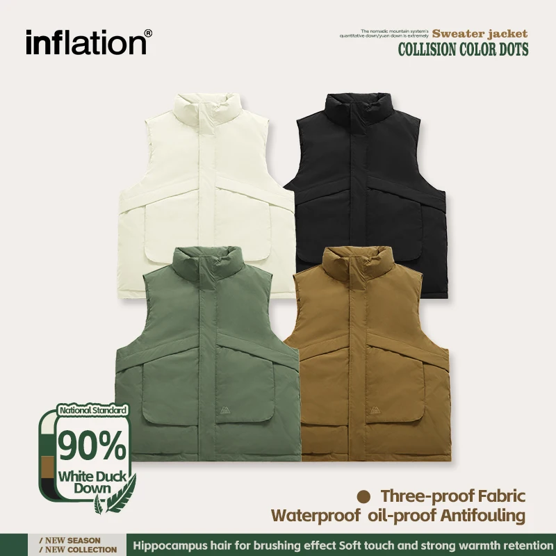 INFLATION Plain Windproof Down Vest Men Stand Collar 90% White Duck Puffer Sleeveless Jacket Male Warm Outerwear