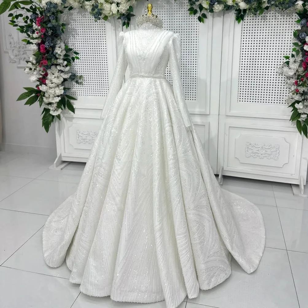 Customized High-Quality Pearl Jewelry Wedding Dress, Luxurious Long Sleeved Square Neck Wedding Dress, White Elegant Dress