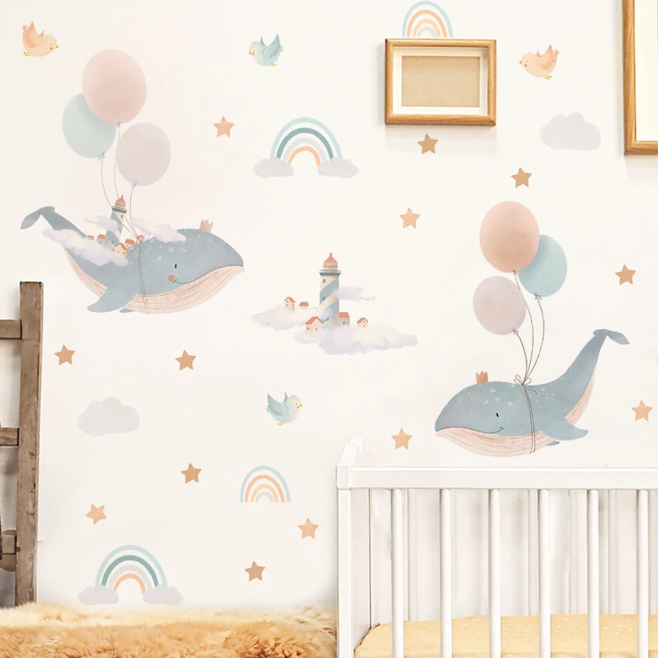 

Watercolour Whale Rainbow Balloon Wall Stickers for Baby Nursery Room Decals Baby Girls Bears Cartoon Animals Kids Stickers