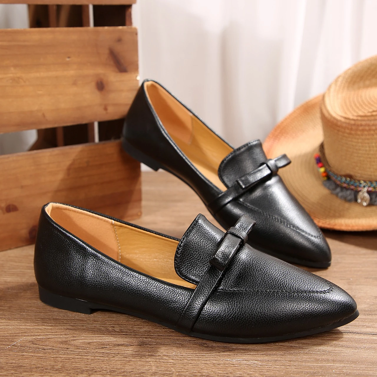 

Модные женские туфли на плоской подошве, весенне-осенние повседневные туфли без шнуровки с острым носком, однотонные кожаные туфли на платформе с узлом-бабочкой, большие размеры