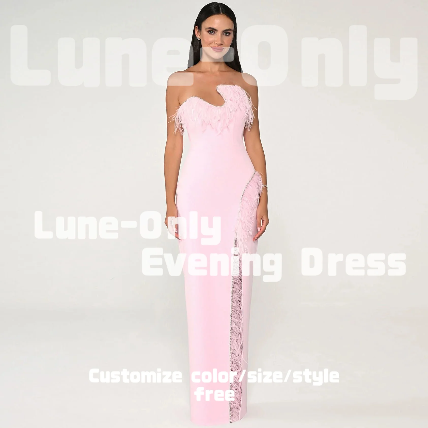 Abiti da sera da donna senza maniche con piume rosa personalizzati Abito da cerimonia elegante con spacco laterale lungo fino al pavimento