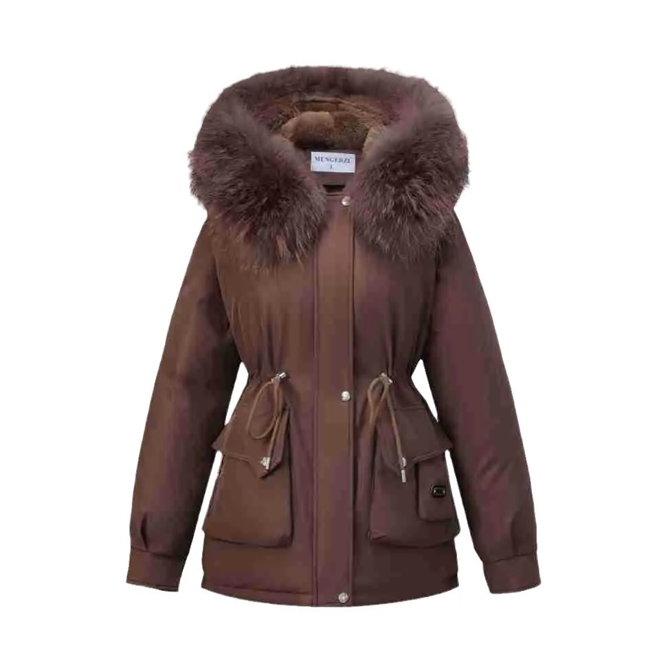 Inverno 2025 Giacca imbottita da donna Collo di pelliccia femminile Parka caldo Cappotti Giacca da donna in cotone con coulisse in vita con cappuccio