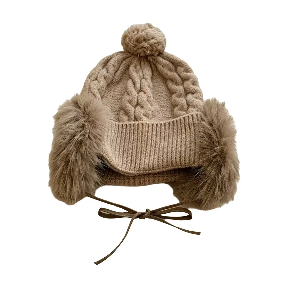 Plush Knitted Trapper Hat Ear Protection Large Head Circumference Pompom Beanie with Earflap Thick Faux Fur Ear Flaps Cable