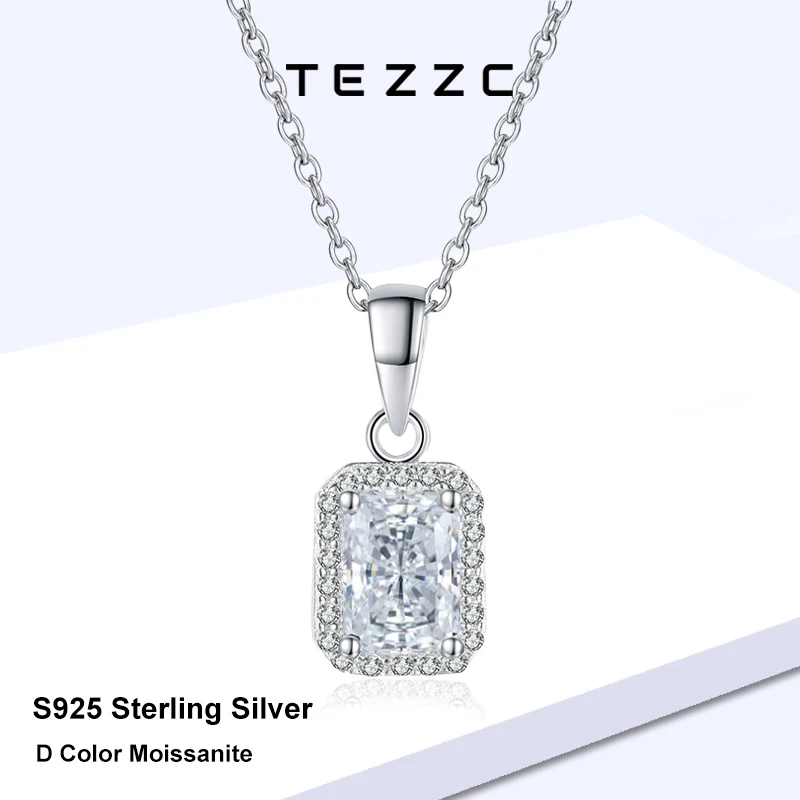 

Tezzc 1 карат изумрудной огранки муассанит ожерелье для женщин 925 серебро прямоугольный свадебный кулон ожерелье для женщин с сертификацией