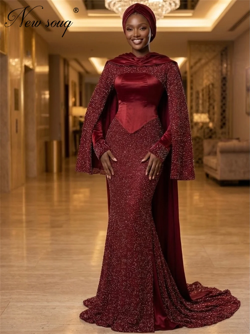 

Африканские бордовые платья-русалки для выпускного вечера, роскошные вечерние платья Aso Ebi с длинными рукавами для темнокожих девушек, платья для помолвки, праздничные платья, Vestidos De Fiesta