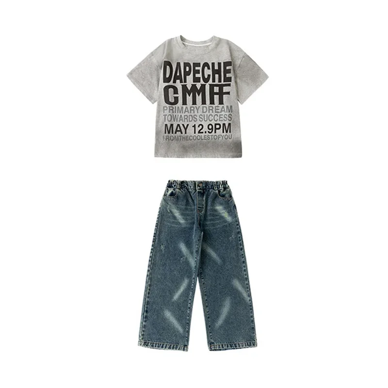 Abbigliamento per ragazze Hip Hop Costume da ballo di strada jazz per bambini T-shirt grigia oversize Pantaloni in denim blu per outfit da spettacolo per ragazzi