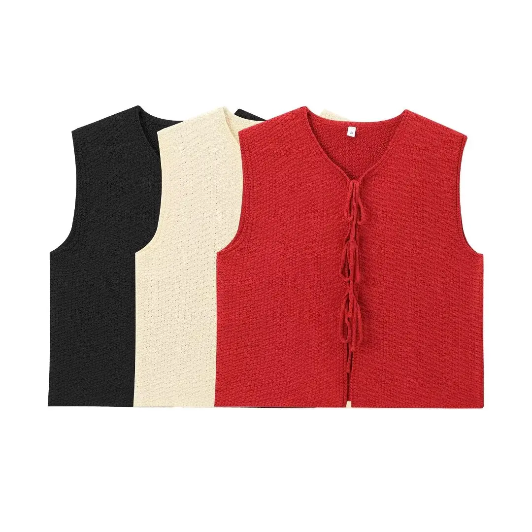 Tangada 2024 Fashion Women Solid Bow Knitted Sweater Jumper Sleeveless Cropped Cardigan 3H0682