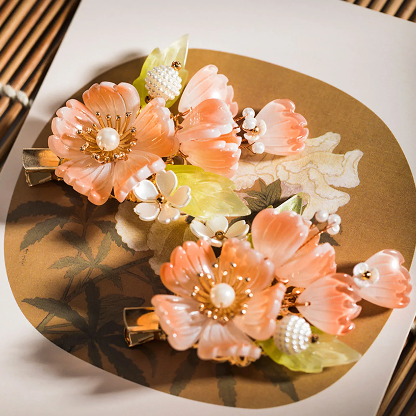 Girls Retro Haie Clip 2pcs Pearl Hairpin Chinese Coral Flower Headdress For Hanfu Dress Vintage Alloy Pink Floral Hair Jewelry