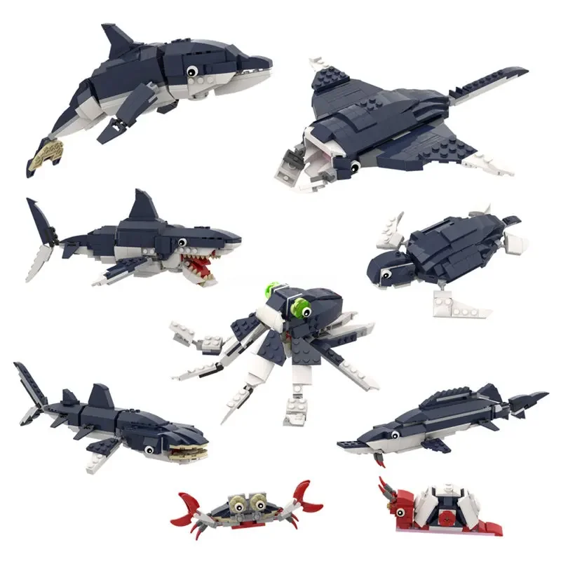 MOC Marine Animals Shark Whale Megalodon Building Blocks Set Deep Sea Reset Fish Bricks Educational Assemble model Toys Gifts