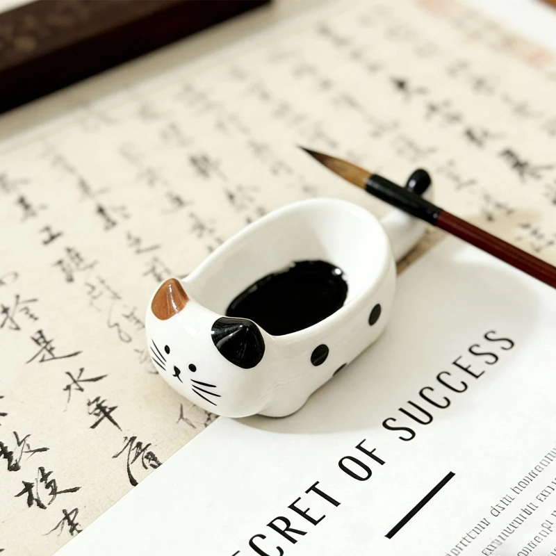 Cat Shaped Ceramic Brush Rest Cute Calligraphy Pen Holder for Desk Decor Use Home Office Study Art Writing Tool Ink Pot