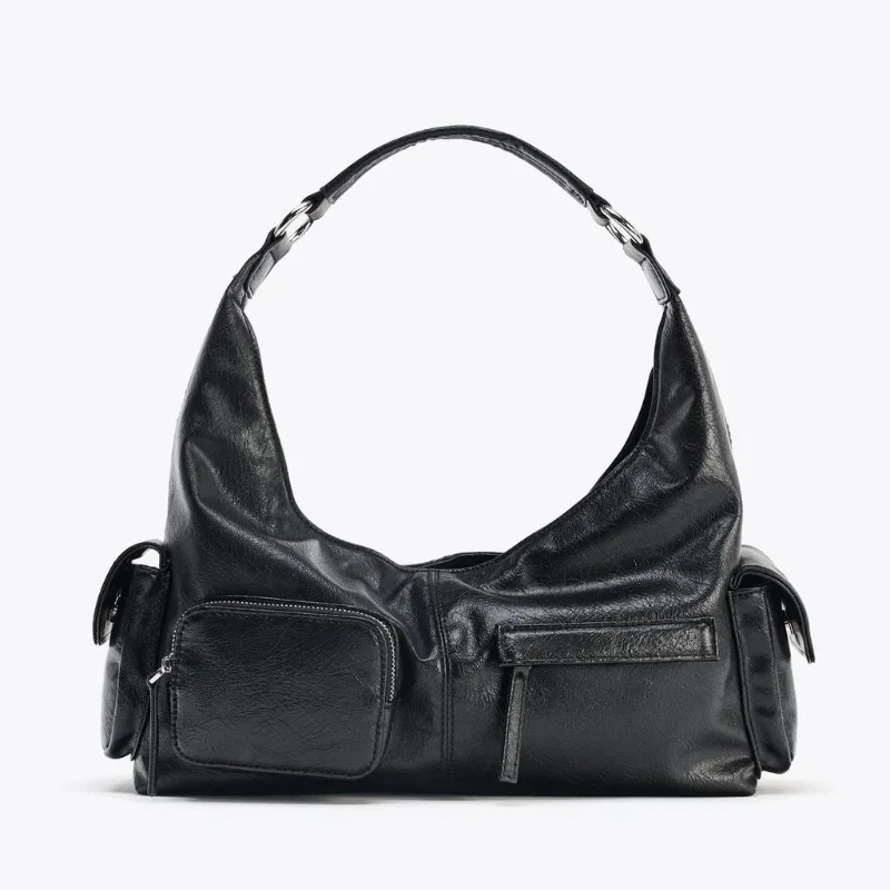 

WOMEN'S CRACKLED EFFECT POCKET BAG, New Luxury Designer Punk Style Shoulder Hobo Bag, Multiple pockets Motorcycle Bag for Women