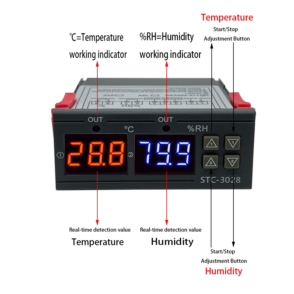 المزدوج الرقمية ترموستات درجة الحرارة الرطوبة التحكم STC-3028 ميزان الحرارة الرطوبة حاضنة تحكم التيار المتناوب 220 فولت تيار مستمر 12 فولت 24 فولت