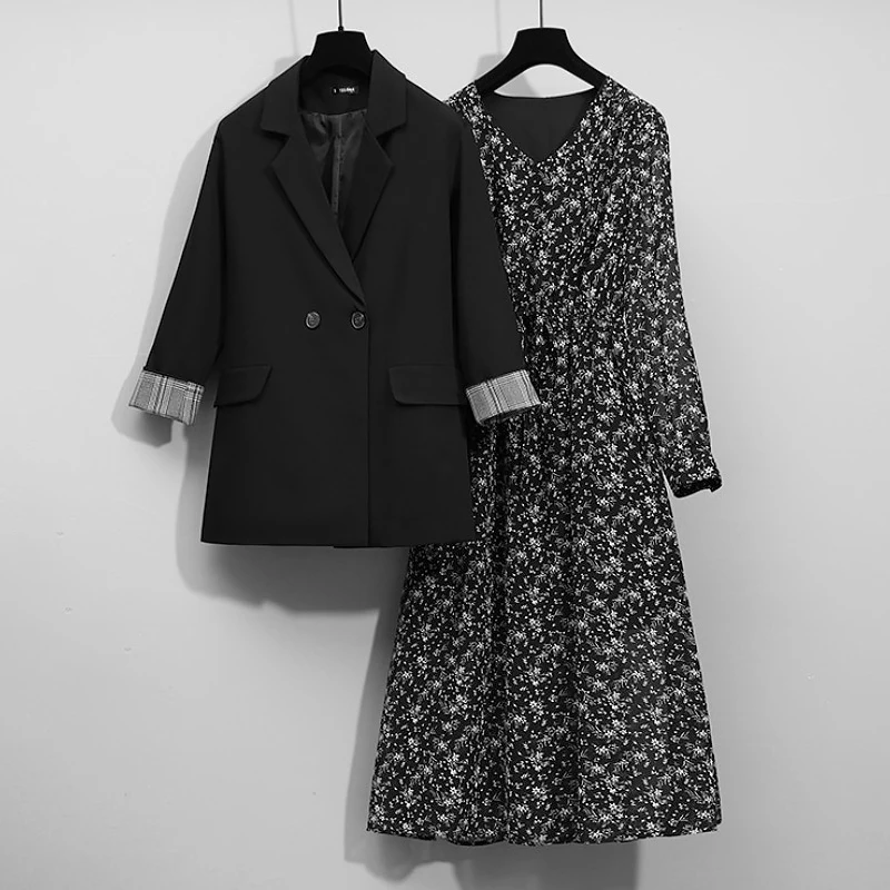 黒花柄の女性のドレス春秋プラスサイズ痩身スーツジャケットウエスト締めベースレイヤースカートセット韓国スタイル通勤