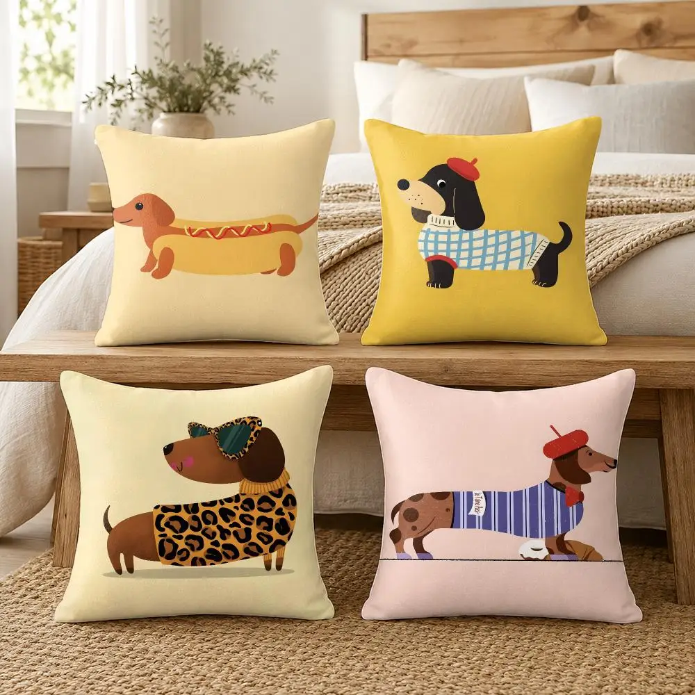 Cute Dachshund Artwork Cushion Cover Soft Short Plush Pillow Cover Smooth Cozy Texture Cushion Case Home Decor