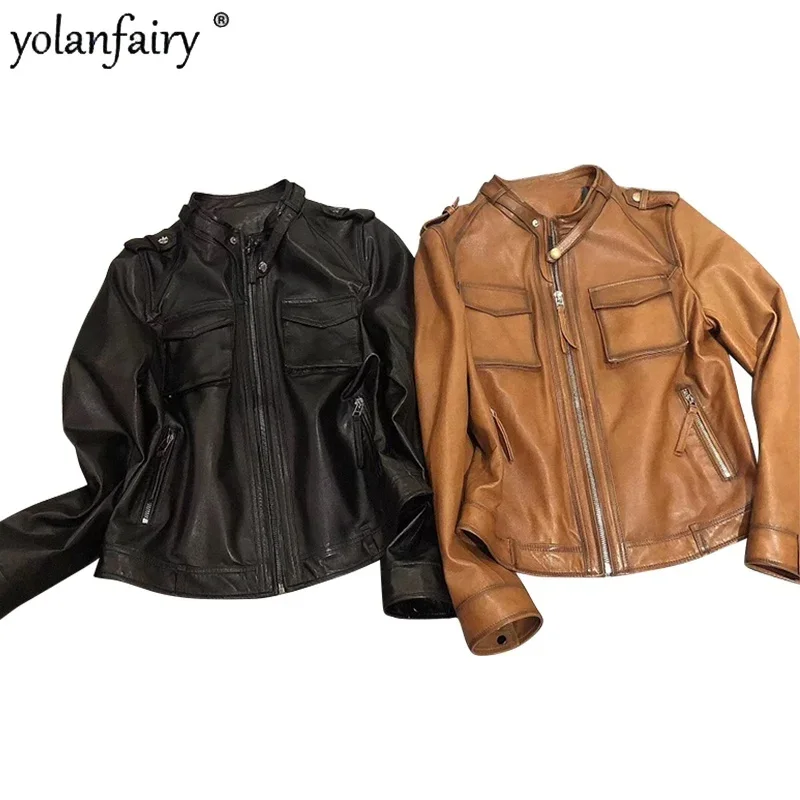 Veste de motard en cuir véritable pour femme, manteau en peau de mouton véritable, mode féminine, printemps, 2023