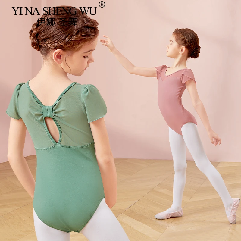 Girls' Ballet Dress Patchwork Short Sleeved Children's Dance Dress Back Bow Gymnastics Dress Cotton