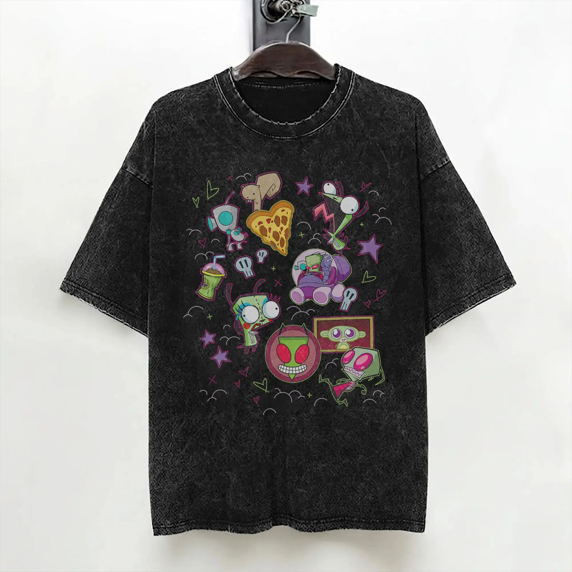 Cartoon Invaders Zim Gir Washed T Shirts Streetwear Fashion T-Shirts  Tees Tops for Men Women Short Sleeve Graphic Printed