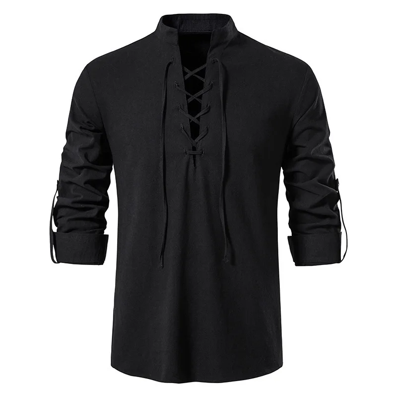 Men's Medieval Lace Up Cotton Linen Shirt Stand Collar Roll Up Long Sleeve Retro Viking Pirate Casual Tops view 4