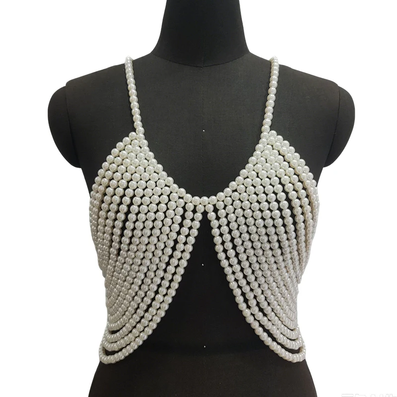 Handmade Women Rave Festival Jewelry Wedding Bra Top Body Chain Bralette Chest Harness White Pearl Beaded Top