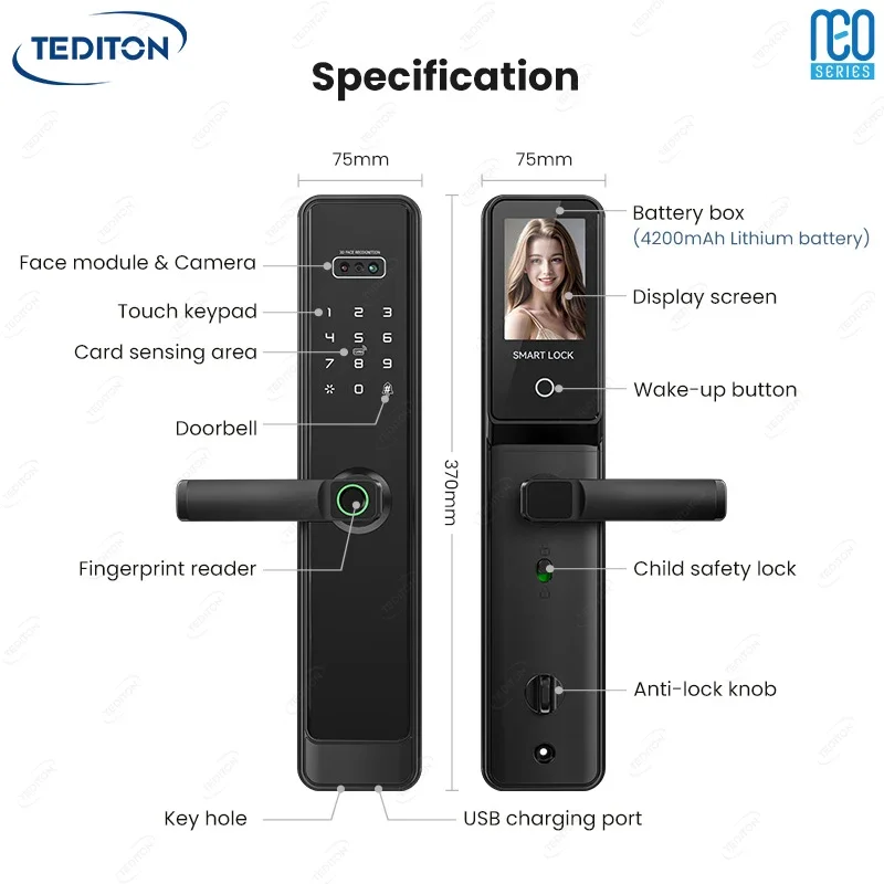 TTlock Tuya Wifi cara reconocimiento de impresión de Palma electrónica Hotel puerta Digital inteligente huella digital cerradura de puerta inteligente con cámara