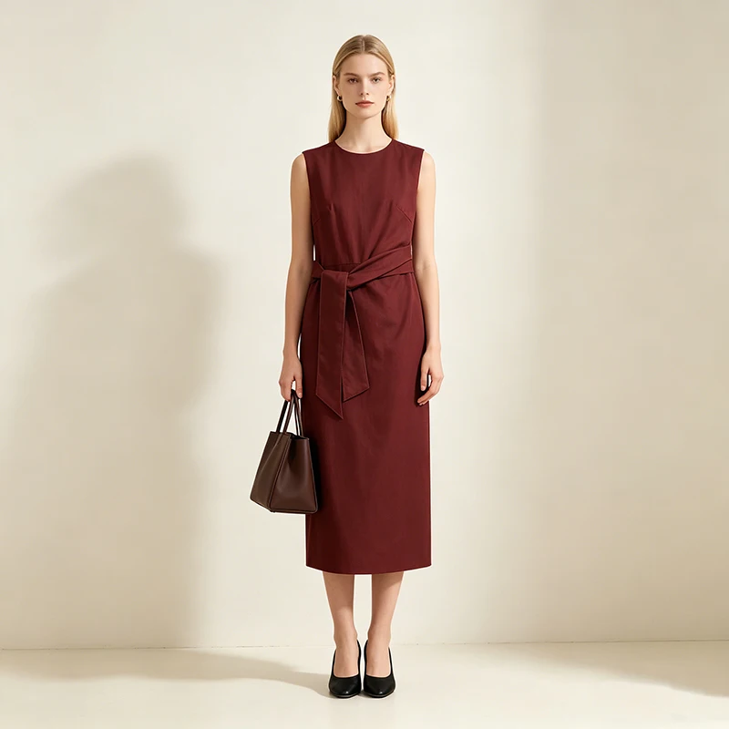 

2026 Summer Women's Burgundy Midi Dress - Sleeveless Round Neck Tie Waist Long Vest Dress, Elegant Casual Party Gown