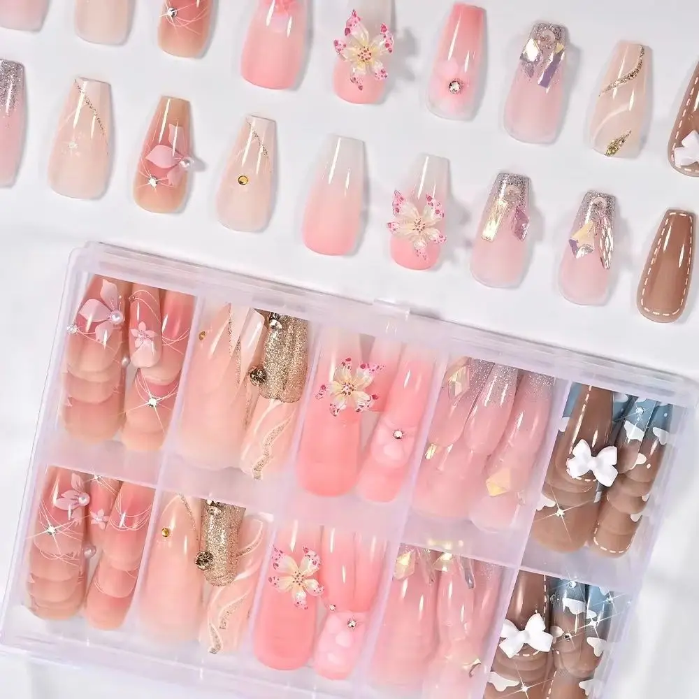 

120 шт. 3D гелевые накладные ногти с цветами, длинные квадратные, с золотым глиттером, французский маникюр, искусственные ногти, свежие белые цветочные накладные ногти*