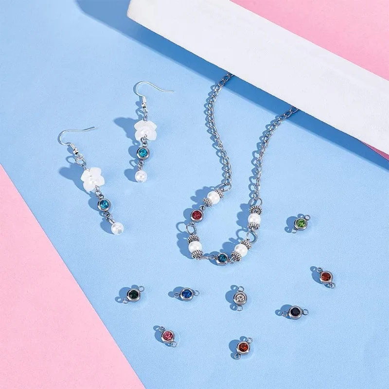 30pcs Glass Rhinestone Links Charms Transparent Glass Connector Pendants Flat Round Birthstone Charm Crystal Glass Charms