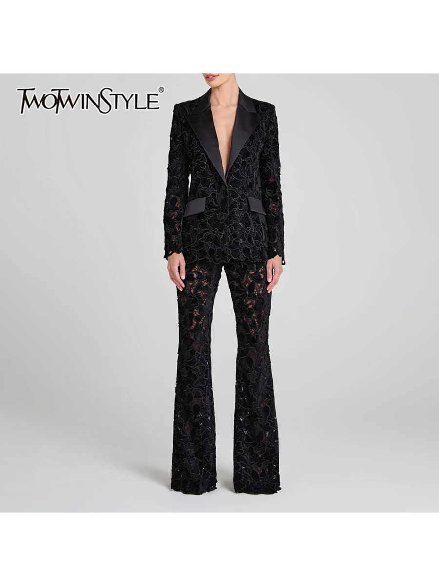 TWOTWINSTYLE Solid Spliced Hollow Lace Slim Two Piece Set for Women Lapel Neck Long Sleeve Top High Waist Trousers  Sets Female