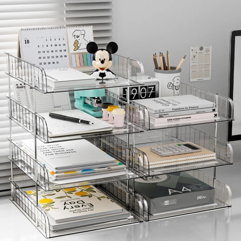 2-Tier Plastic Desk Organizer, Waterproof Rectangular Office Storage File Box with Detachable Design for Documents and Supplies