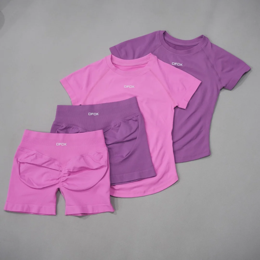 DFDK Ladies 2Pcs Seamless Athletic Tracksuit Short Sleeve Yoga T-shirt High Elastic Running Shorts Gym Training Workout Fitness