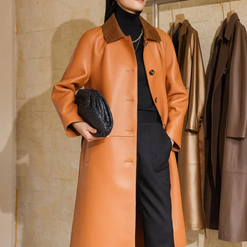 Autumn Winter 2022 New High End Double Sided Real Sheepskin Windbreaker Trench Coat Women\'s Mid Long Yellow Leather Jacket FCY