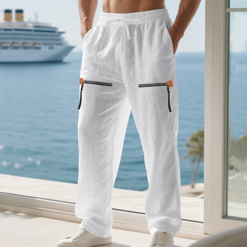 

Cross-border American linen autumn men's casual beach loose trend zipper hip-hop wide-leg trousers men