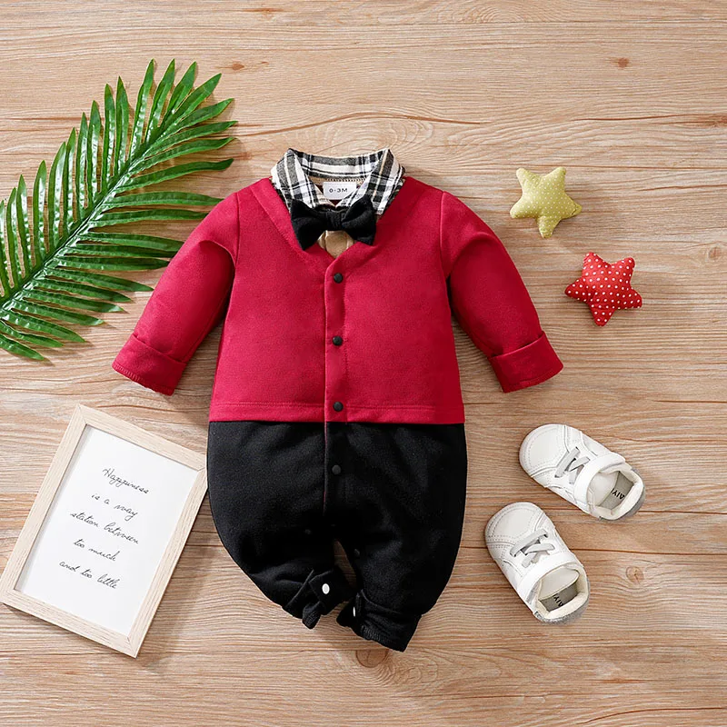 

Baby Boys Gentleman red bow tie Clothing Spring and Autumn Children One-Piece long sleeves Jacket 0-2 years old Rompers