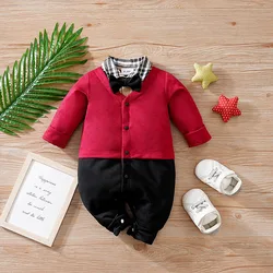 Baby Boys Gentleman red bow tie Clothing Spring and Autumn Children One-Piece long sleeves Jacket 0-2 years old Rompers