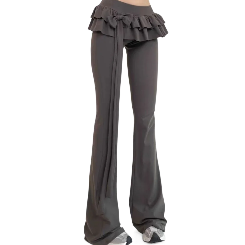 스위트 아이스 실크 앞치마 스커트 플레어 팬츠 Y2K 로우 웨이스트 캐주얼 팬츠 여성용 시크 슬림핏 벨보텀 트라우저