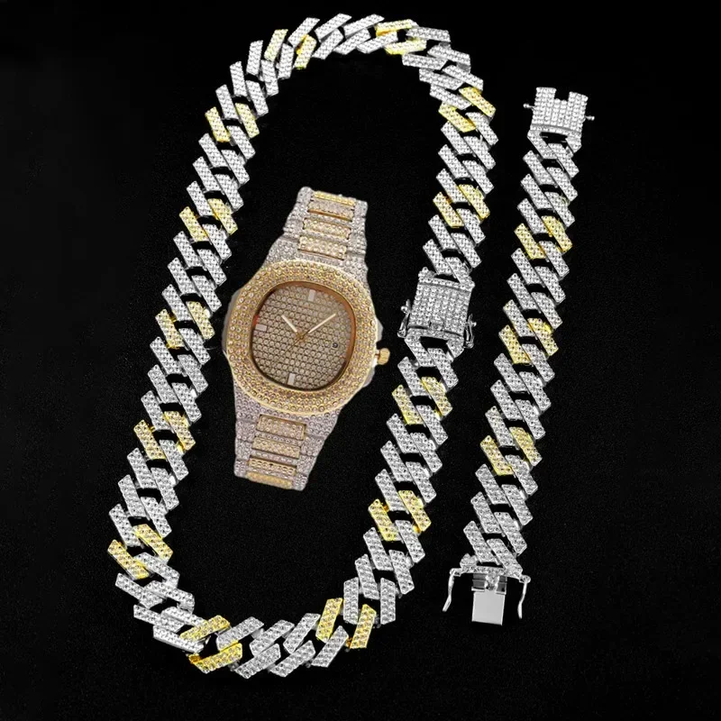 Hiphop Watch+necklace+bracelet Bling AAA+ Iced Out Metal Rhinestones 20mm Width Bicolor Cuban Link Chain For Men Jewelry Sets